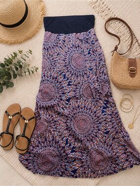 Xhilaration Strapless Maxi Dress L Blue Purple Geometric Boho Print